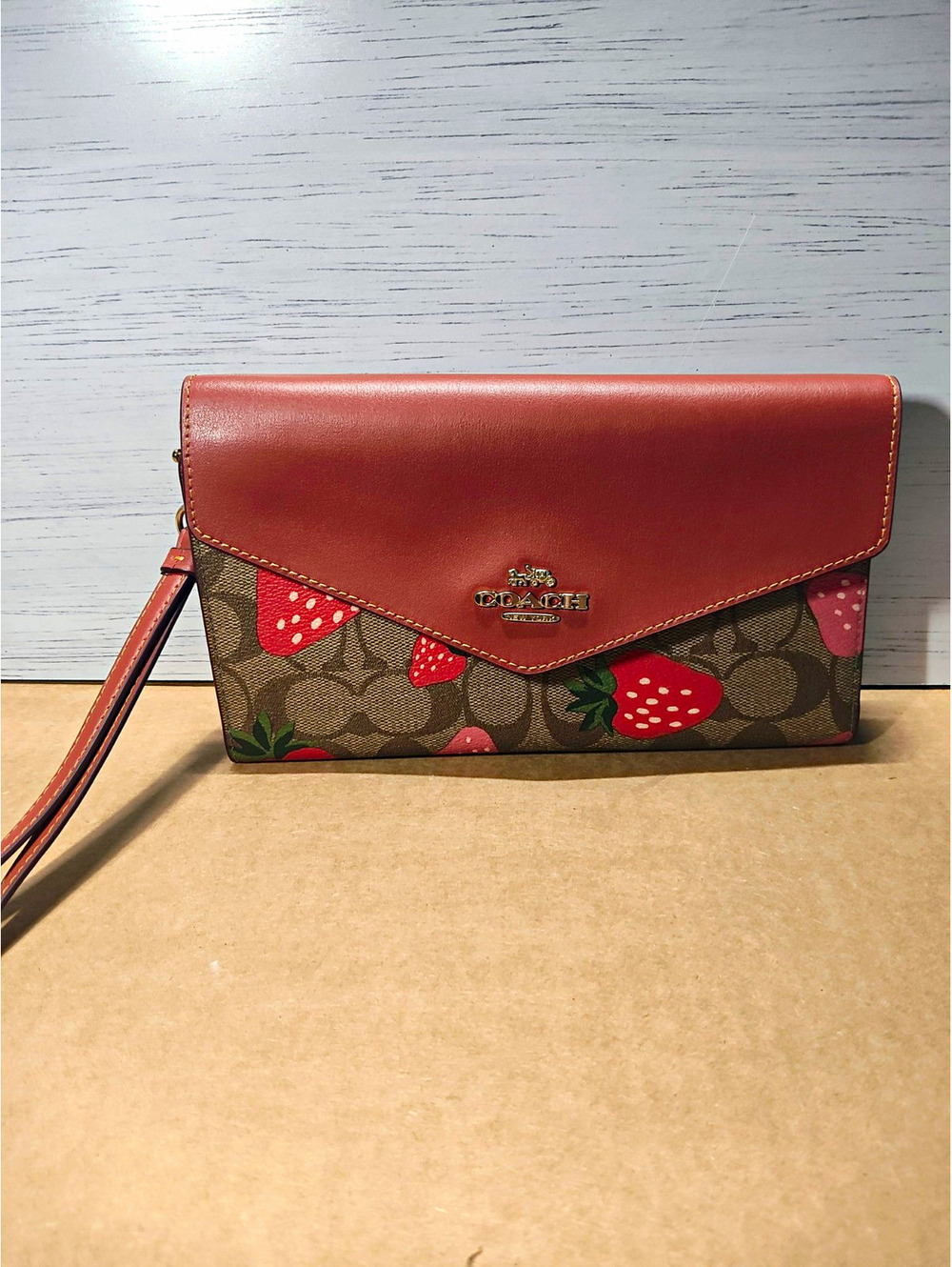 Coach Strawberry Print Canvas & Leather Wristlet Wallet Zip Pocket Organizer